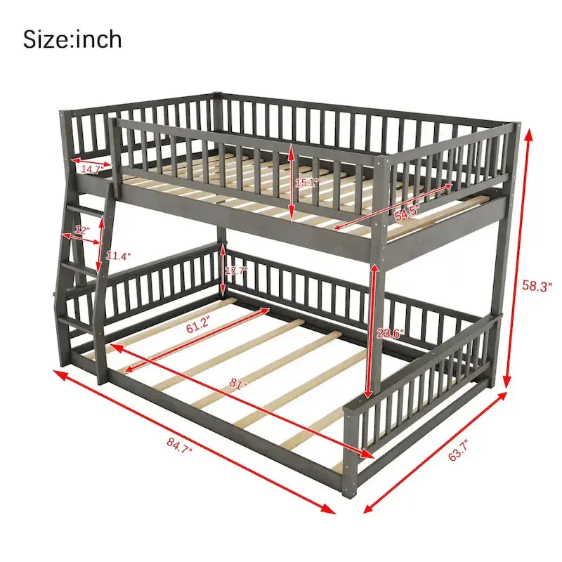 Lit superposé Queen avec échelle et garde-corps, matelas Full XL en haut et Queen en bas