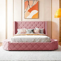Queen Size Velvet Platform Bed with Wingback Headboard, Storage Drawer & Side Stools