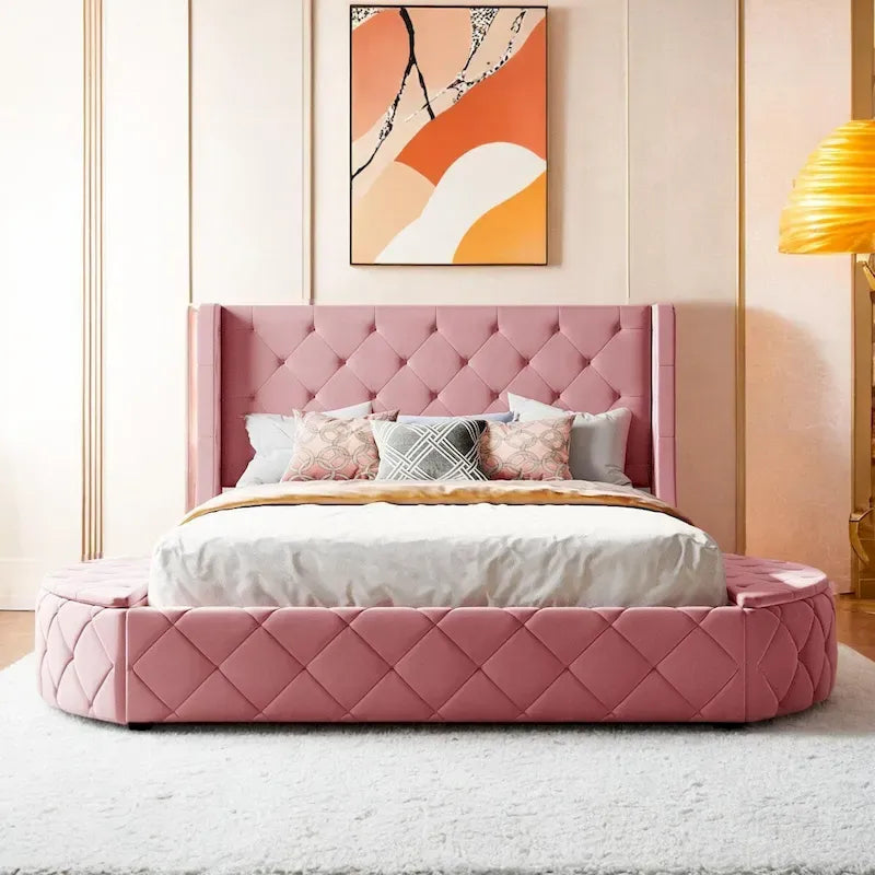 Queen Size Velvet Platform Bed with Wingback Headboard, Storage Drawer & Side Stools