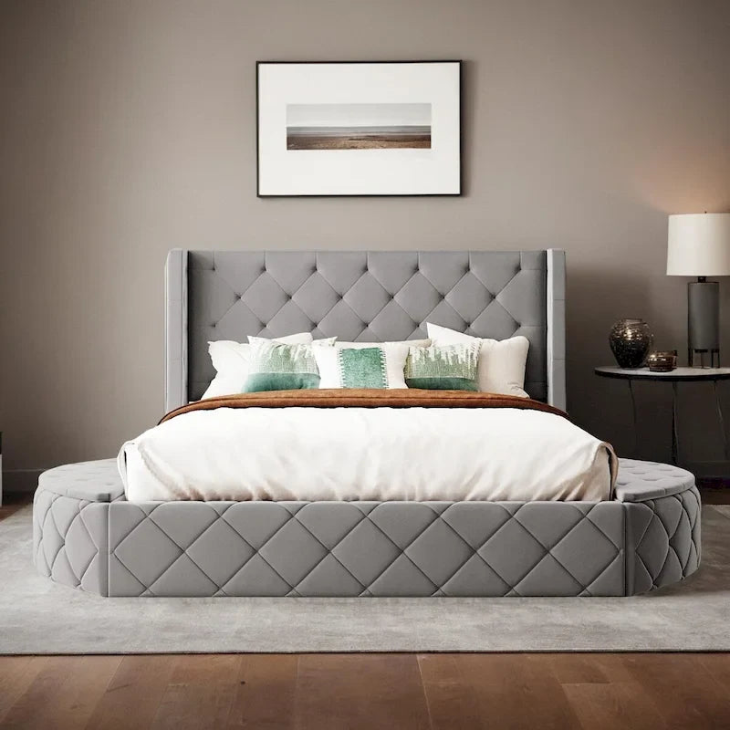 Queen Size Velvet Platform Bed with Wingback Headboard, Storage Drawer & Side Stools