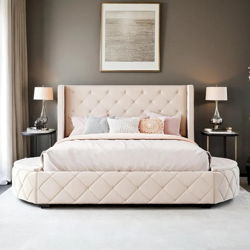 Queen Size Velvet Platform Bed with Wingback Headboard, Storage Drawer & Side Stools