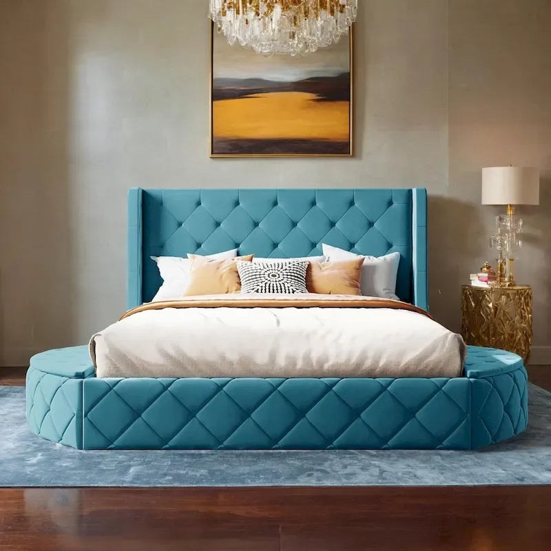 Queen Size Velvet Platform Bed with Wingback Headboard, Storage Drawer & Side Stools