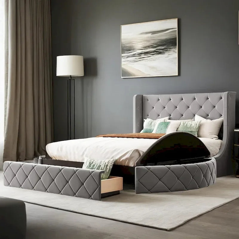 Queen Size Velvet Platform Bed with Wingback Headboard, Storage Drawer & Side Stools