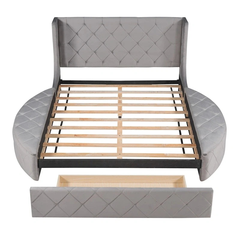 Queen Size Velvet Platform Bed with Wingback Headboard, Storage Drawer & Side Stools