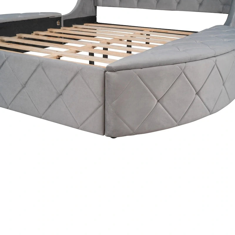 Queen Size Velvet Platform Bed with Wingback Headboard, Storage Drawer & Side Stools
