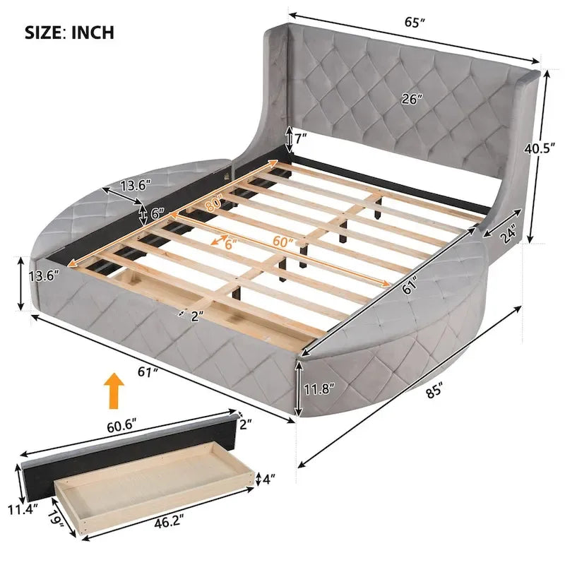 Queen Size Velvet Platform Bed with Wingback Headboard, Storage Drawer & Side Stools