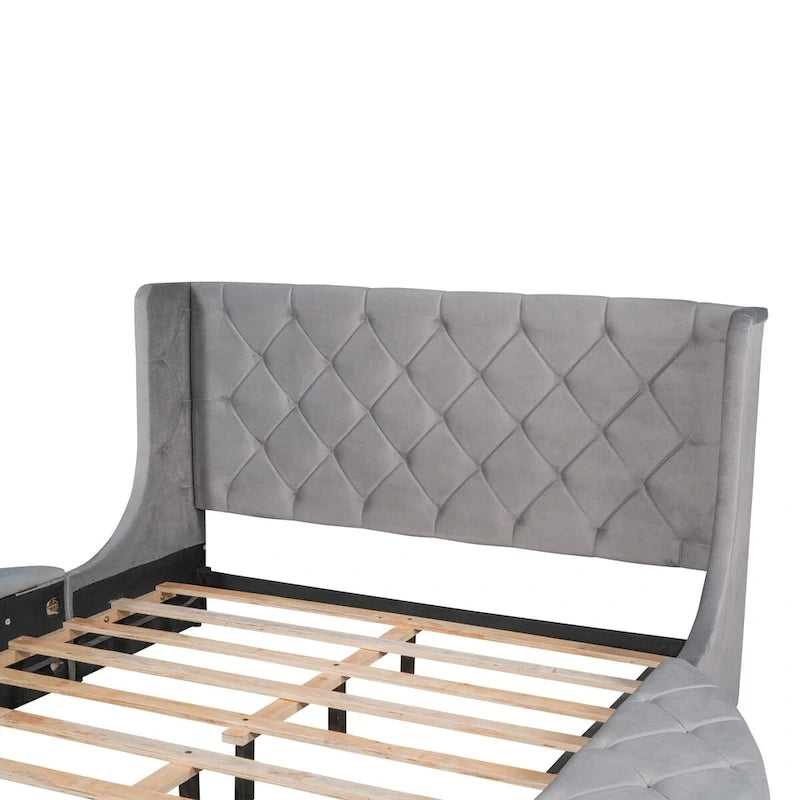 Queen Size Velvet Platform Bed with Wingback Headboard, Storage Drawer & Side Stools