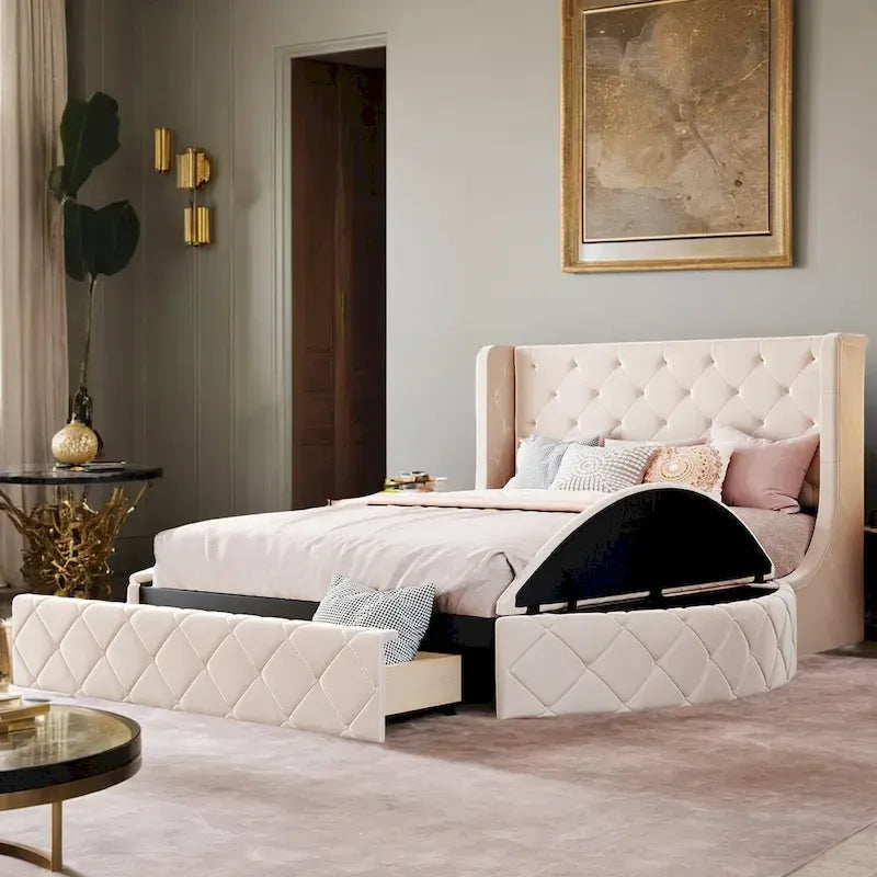 Queen Size Velvet Platform Bed with Wingback Headboard, Storage Drawer & Side Stools
