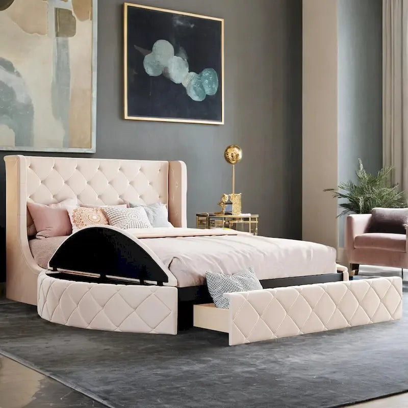 Queen Size Velvet Platform Bed with Wingback Headboard, Storage Drawer & Side Stools