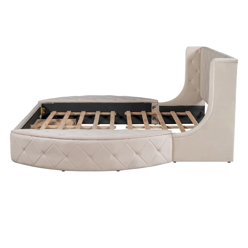 Queen Size Velvet Platform Bed with Wingback Headboard, Storage Drawer & Side Stools