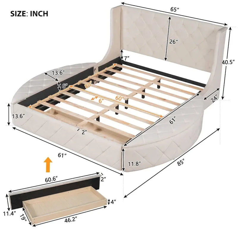 Queen Size Velvet Platform Bed with Wingback Headboard, Storage Drawer & Side Stools