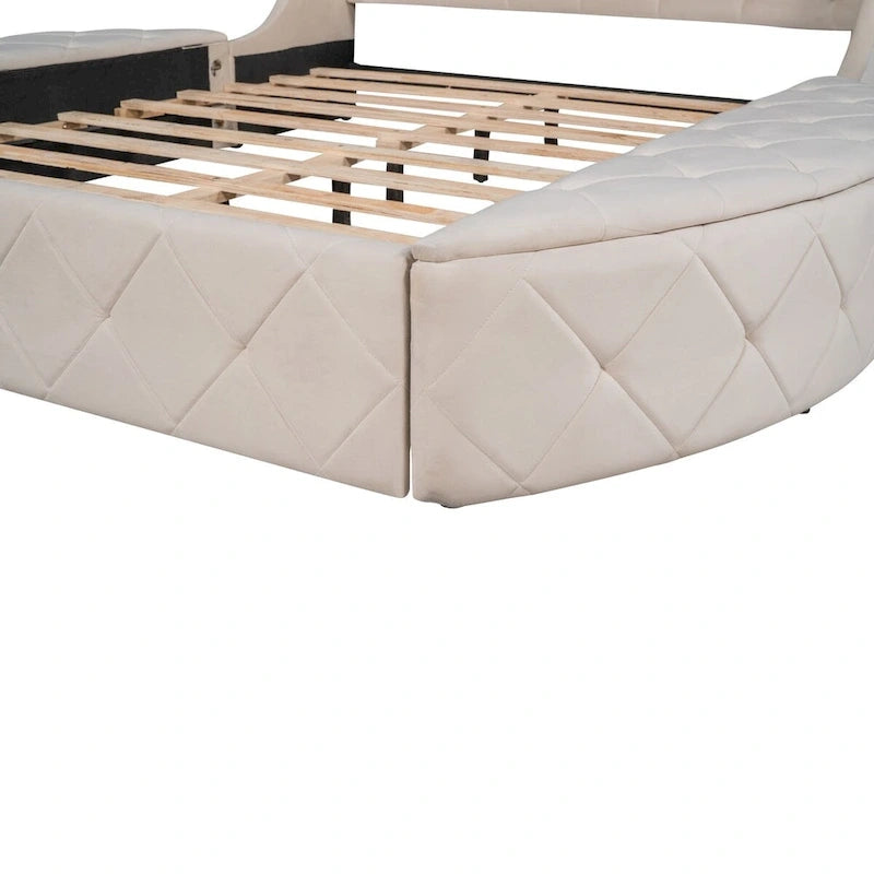 Queen Size Velvet Platform Bed with Wingback Headboard, Storage Drawer & Side Stools