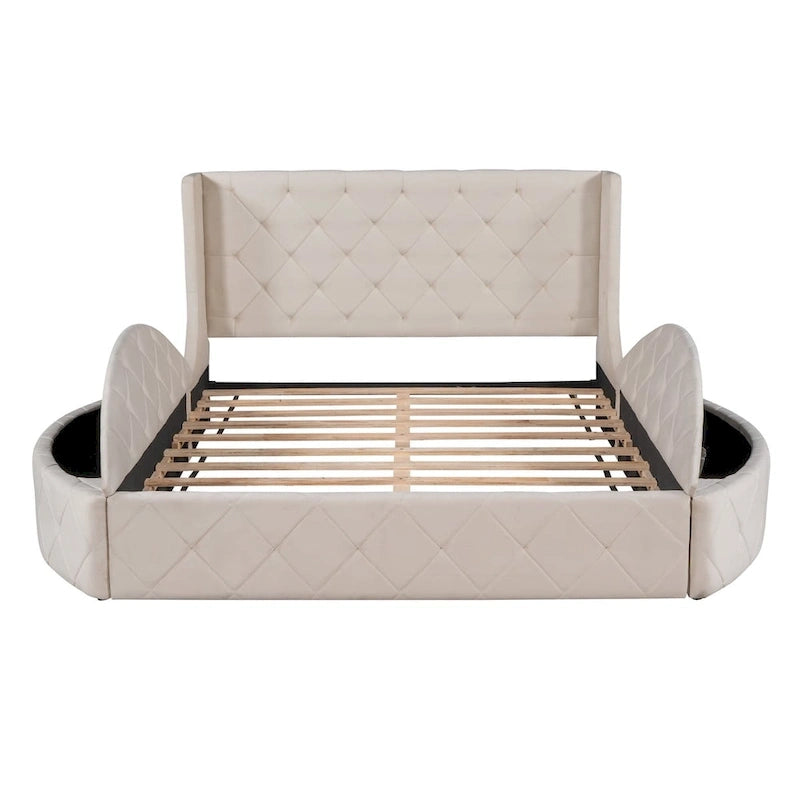 Queen Size Velvet Platform Bed with Wingback Headboard, Storage Drawer & Side Stools
