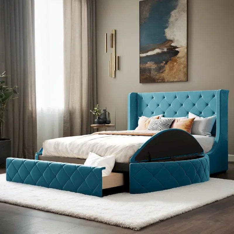 Queen Size Velvet Platform Bed with Wingback Headboard, Storage Drawer & Side Stools