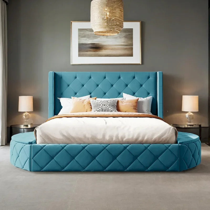 Queen Size Velvet Platform Bed with Wingback Headboard, Storage Drawer & Side Stools
