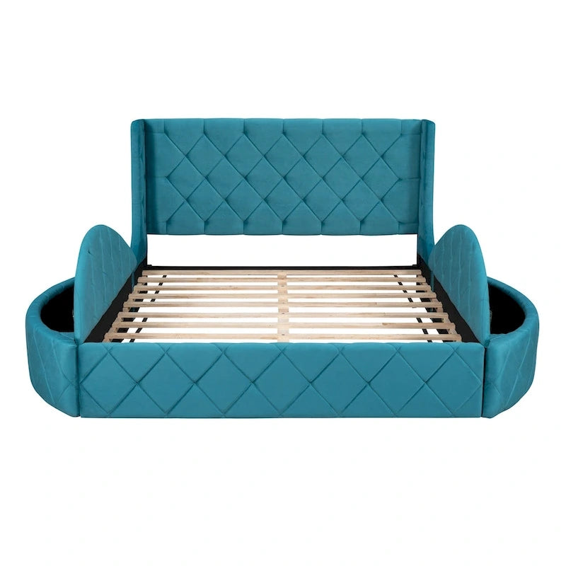Queen Size Velvet Platform Bed with Wingback Headboard, Storage Drawer & Side Stools
