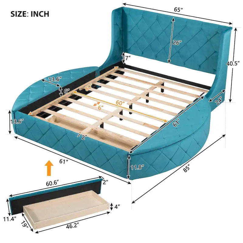 Queen Size Velvet Platform Bed with Wingback Headboard, Storage Drawer & Side Stools