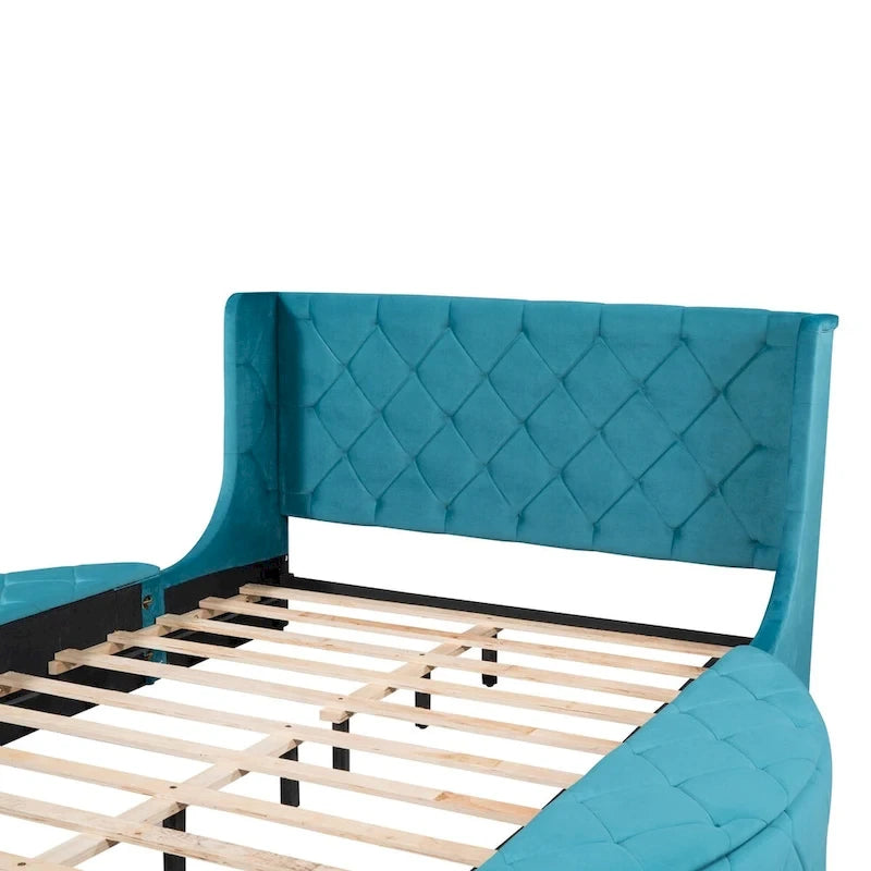 Queen Size Velvet Platform Bed with Wingback Headboard, Storage Drawer & Side Stools