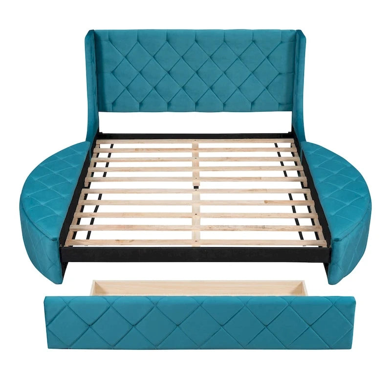 Queen Size Velvet Platform Bed with Wingback Headboard, Storage Drawer & Side Stools