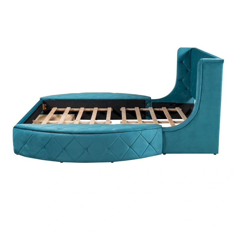 Queen Size Velvet Platform Bed with Wingback Headboard, Storage Drawer & Side Stools