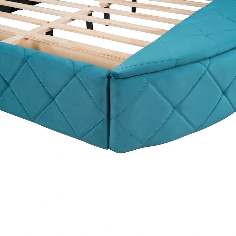 Queen Size Velvet Platform Bed with Wingback Headboard, Storage Drawer & Side Stools