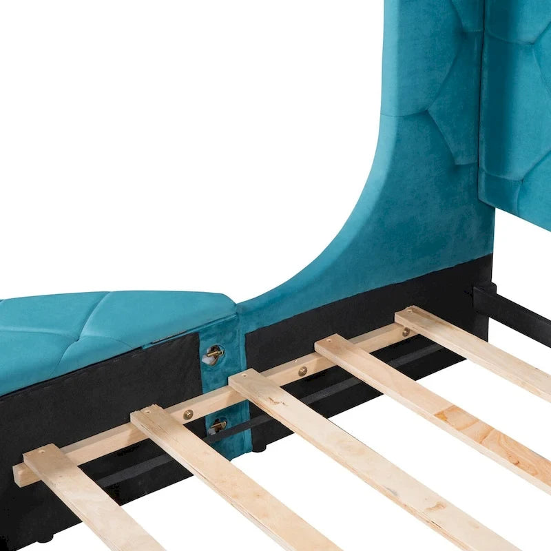 Queen Size Velvet Platform Bed with Wingback Headboard, Storage Drawer & Side Stools