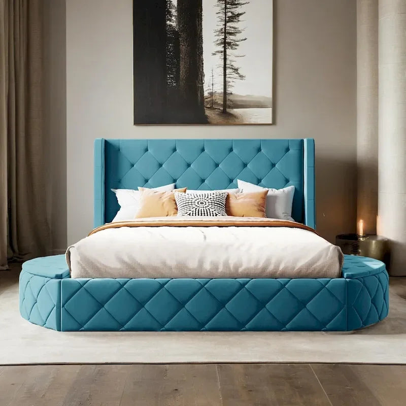 Queen Size Velvet Platform Bed with Wingback Headboard, Storage Drawer & Side Stools