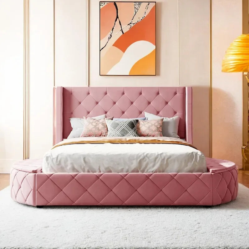 Queen Size Velvet Platform Bed with Wingback Headboard, Storage Drawer & Side Stools