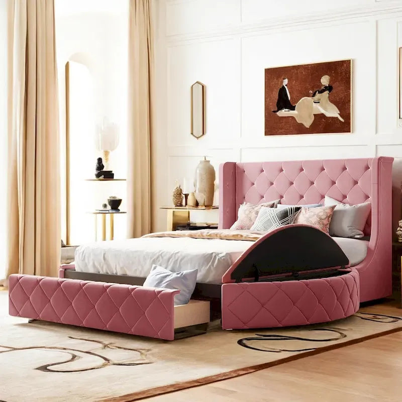 Queen Size Velvet Platform Bed with Wingback Headboard, Storage Drawer & Side Stools