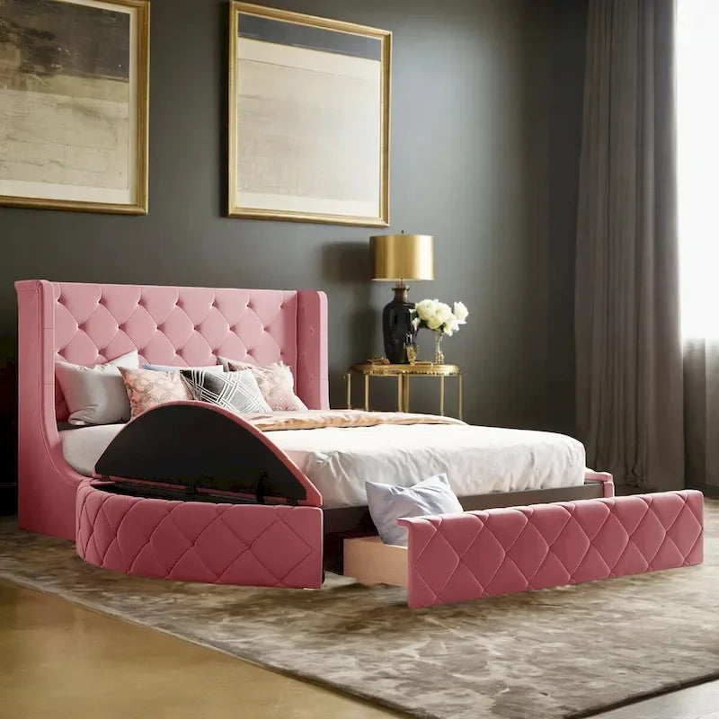 Queen Size Velvet Platform Bed with Wingback Headboard, Storage Drawer & Side Stools