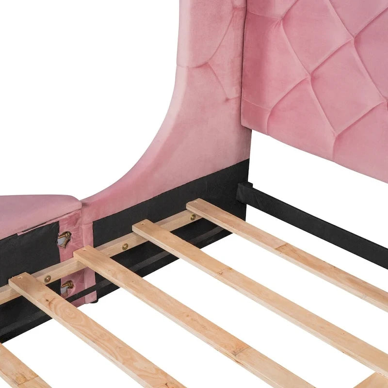 Queen Size Velvet Platform Bed with Wingback Headboard, Storage Drawer & Side Stools
