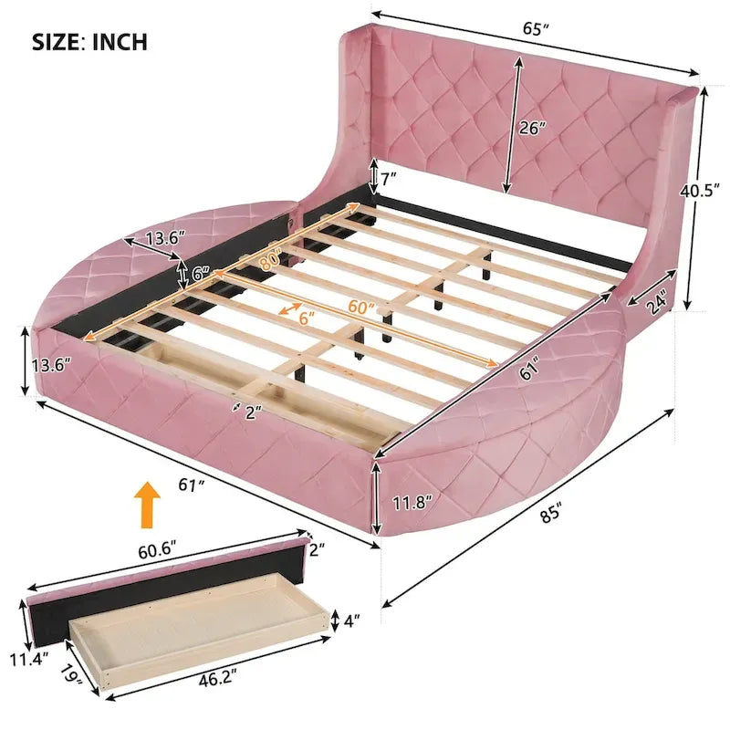 Queen Size Velvet Platform Bed with Wingback Headboard, Storage Drawer & Side Stools