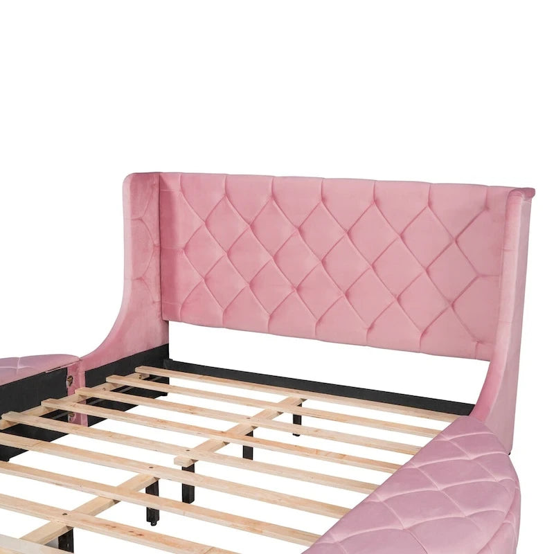 Queen Size Velvet Platform Bed with Wingback Headboard, Storage Drawer & Side Stools
