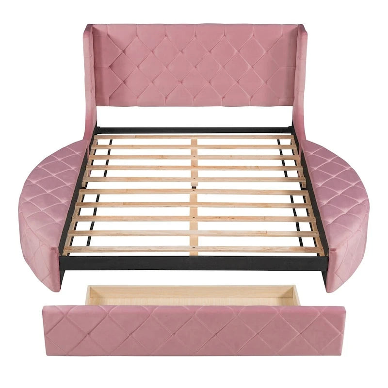 Queen Size Velvet Platform Bed with Wingback Headboard, Storage Drawer & Side Stools