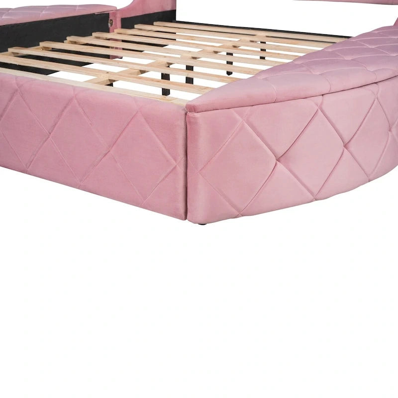 Queen Size Velvet Platform Bed with Wingback Headboard, Storage Drawer & Side Stools