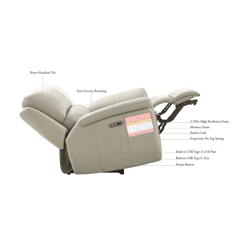 Fauteuil inclinable en cuir pleine fleur avec inclinaison motorisée et têtière zéro gravité
