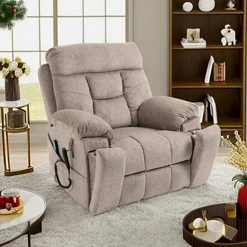 Fauteuil inclinable électrique surdimensionné avec massage et chaleur, double moteur, porte-gobelets et poche latérale, capacité de 180 kg