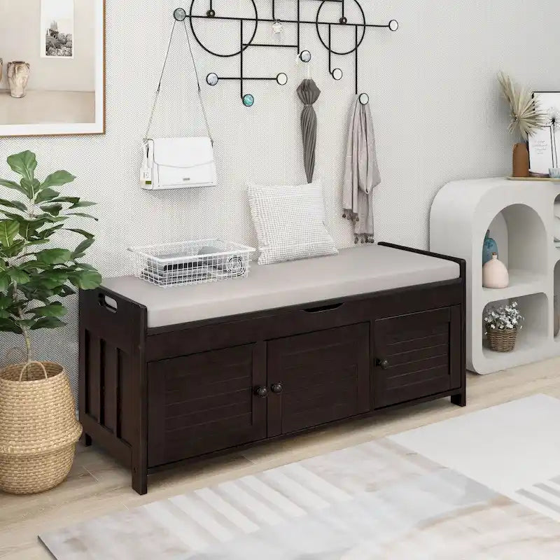 Storage Bench with Shutter Doors, Removable Cushion & Hidden Storage