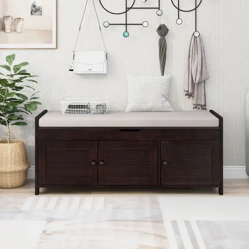 Storage Bench with Shutter Doors, Removable Cushion & Hidden Storage