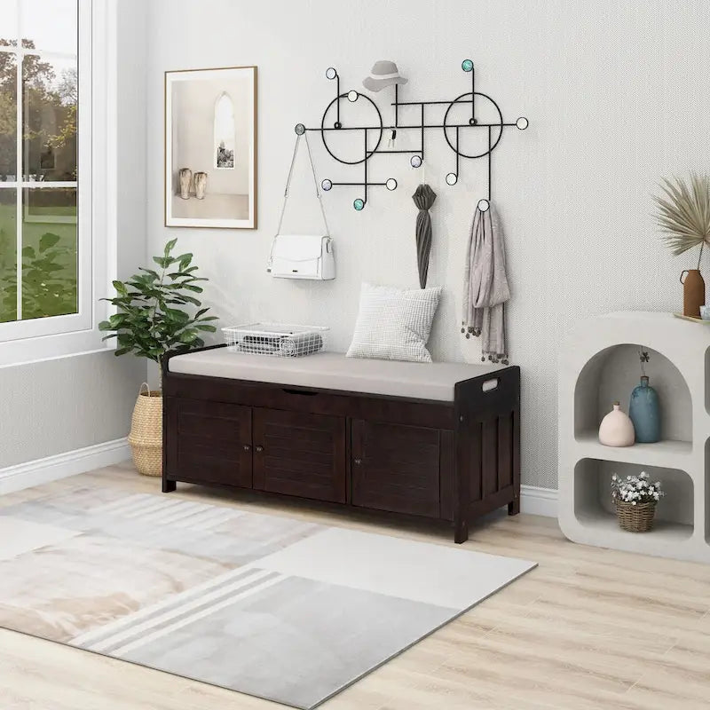 Storage Bench with Shutter Doors, Removable Cushion & Hidden Storage