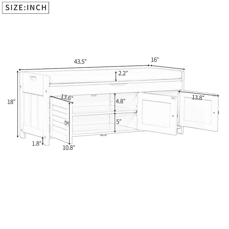 Storage Bench with Shutter Doors, Removable Cushion & Hidden Storage