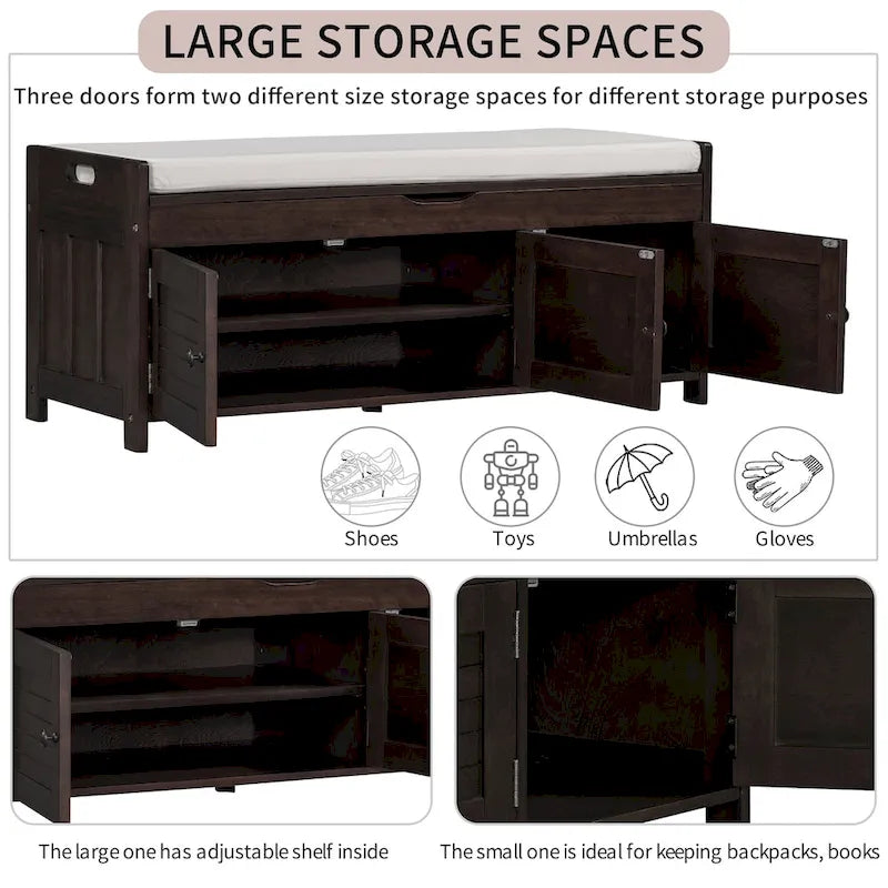 Storage Bench with Shutter Doors, Removable Cushion & Hidden Storage