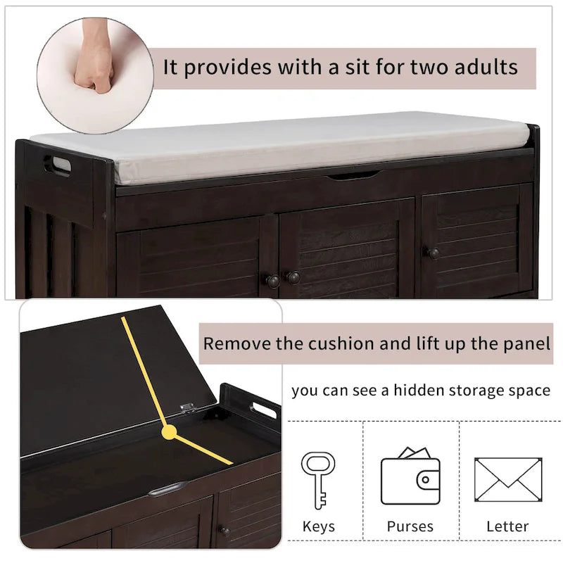 Storage Bench with Shutter Doors, Removable Cushion & Hidden Storage