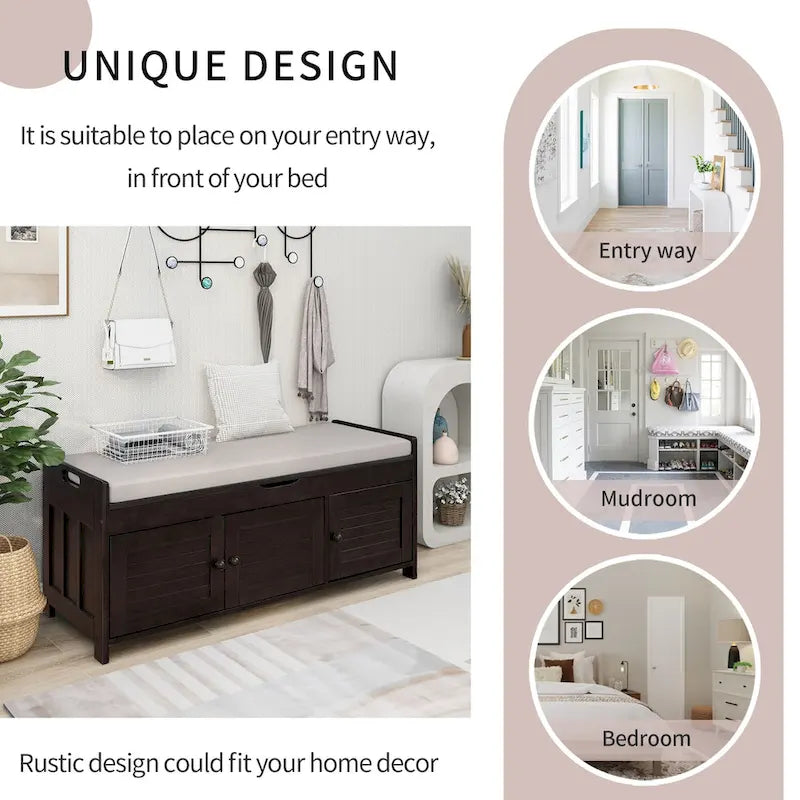 Storage Bench with Shutter Doors, Removable Cushion & Hidden Storage