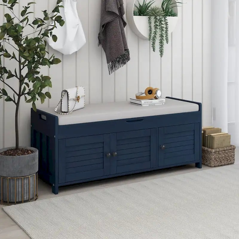 Storage Bench with Shutter Doors, Removable Cushion & Hidden Storage