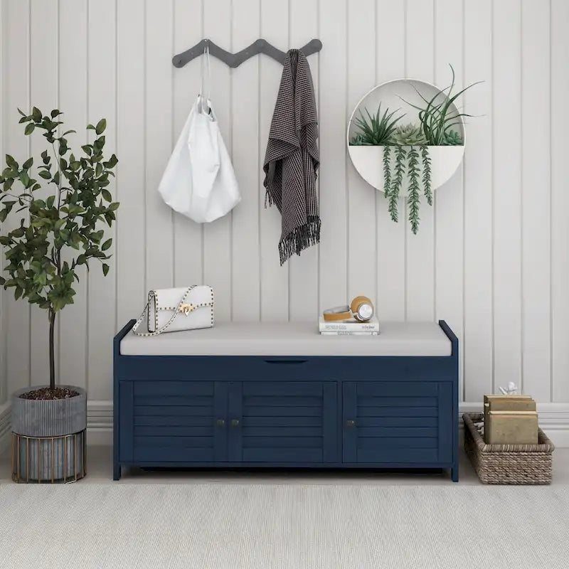Storage Bench with Shutter Doors, Removable Cushion & Hidden Storage