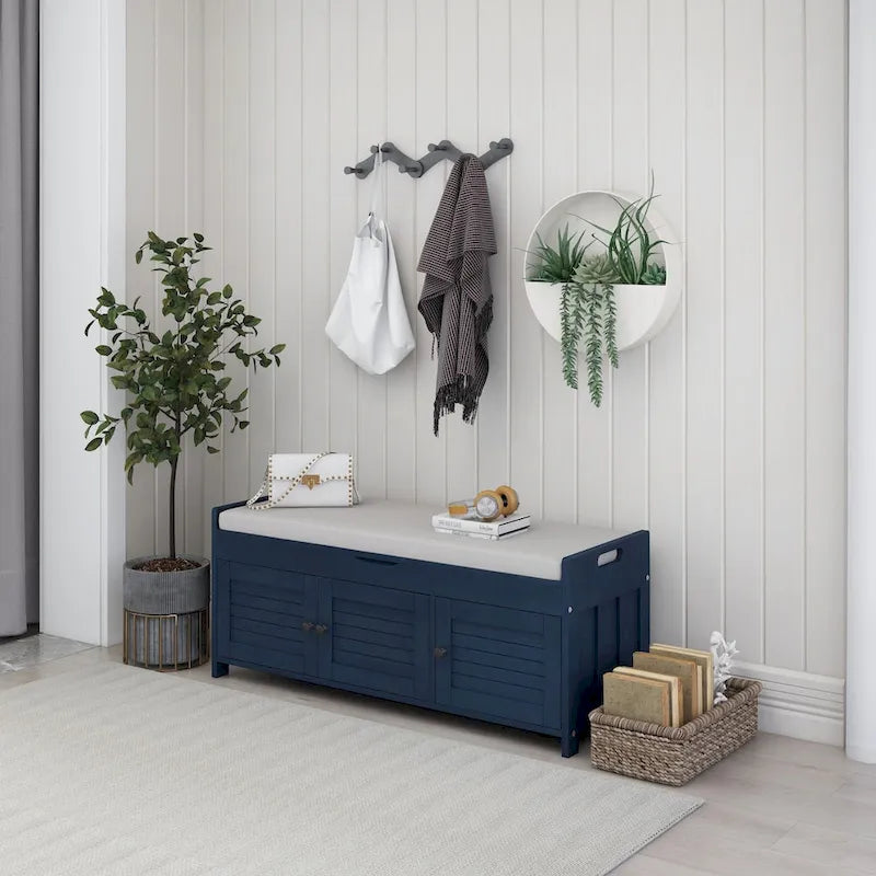 Storage Bench with Shutter Doors, Removable Cushion & Hidden Storage
