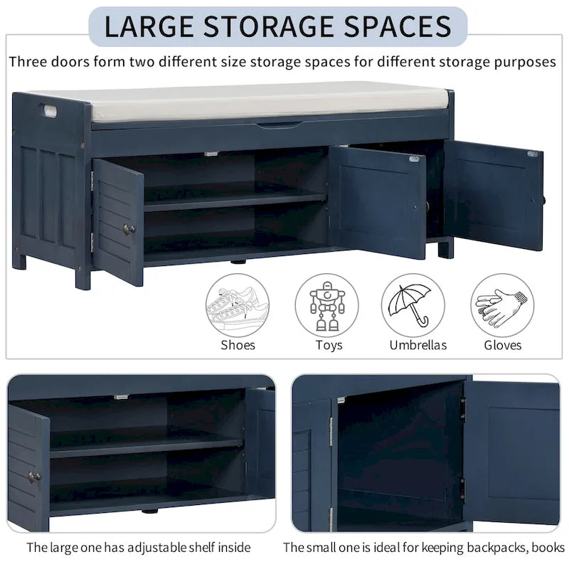 Storage Bench with Shutter Doors, Removable Cushion & Hidden Storage