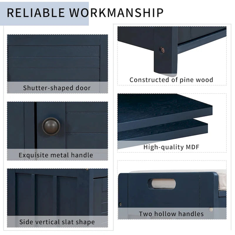 Storage Bench with Shutter Doors, Removable Cushion & Hidden Storage