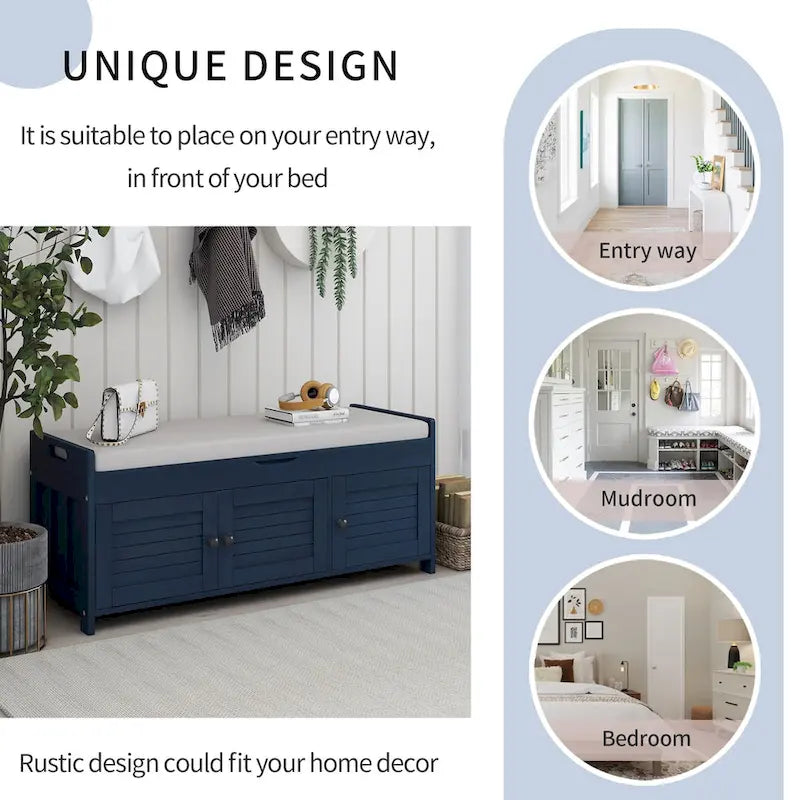 Storage Bench with Shutter Doors, Removable Cushion & Hidden Storage